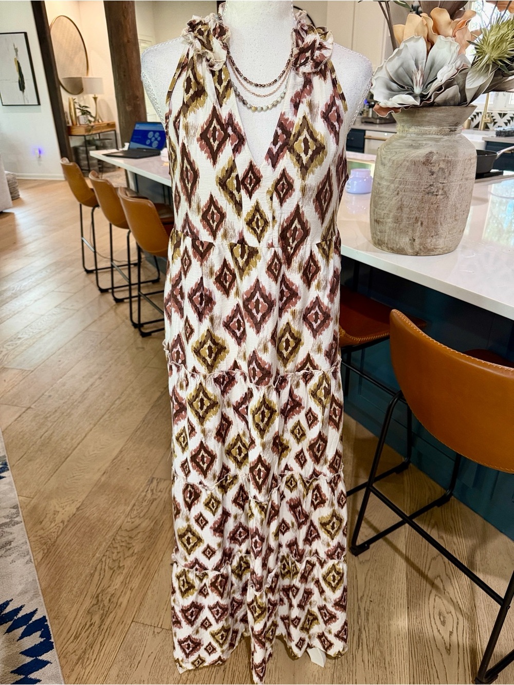 Boho Diamond Print Halter Dress in Brown/White Flowy Dress with Side Pockets
